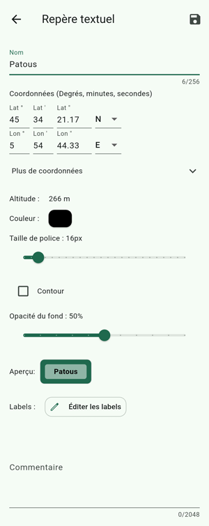 fenetre de configuration d'un repère