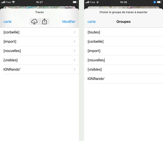 export groupe de traces, de repères